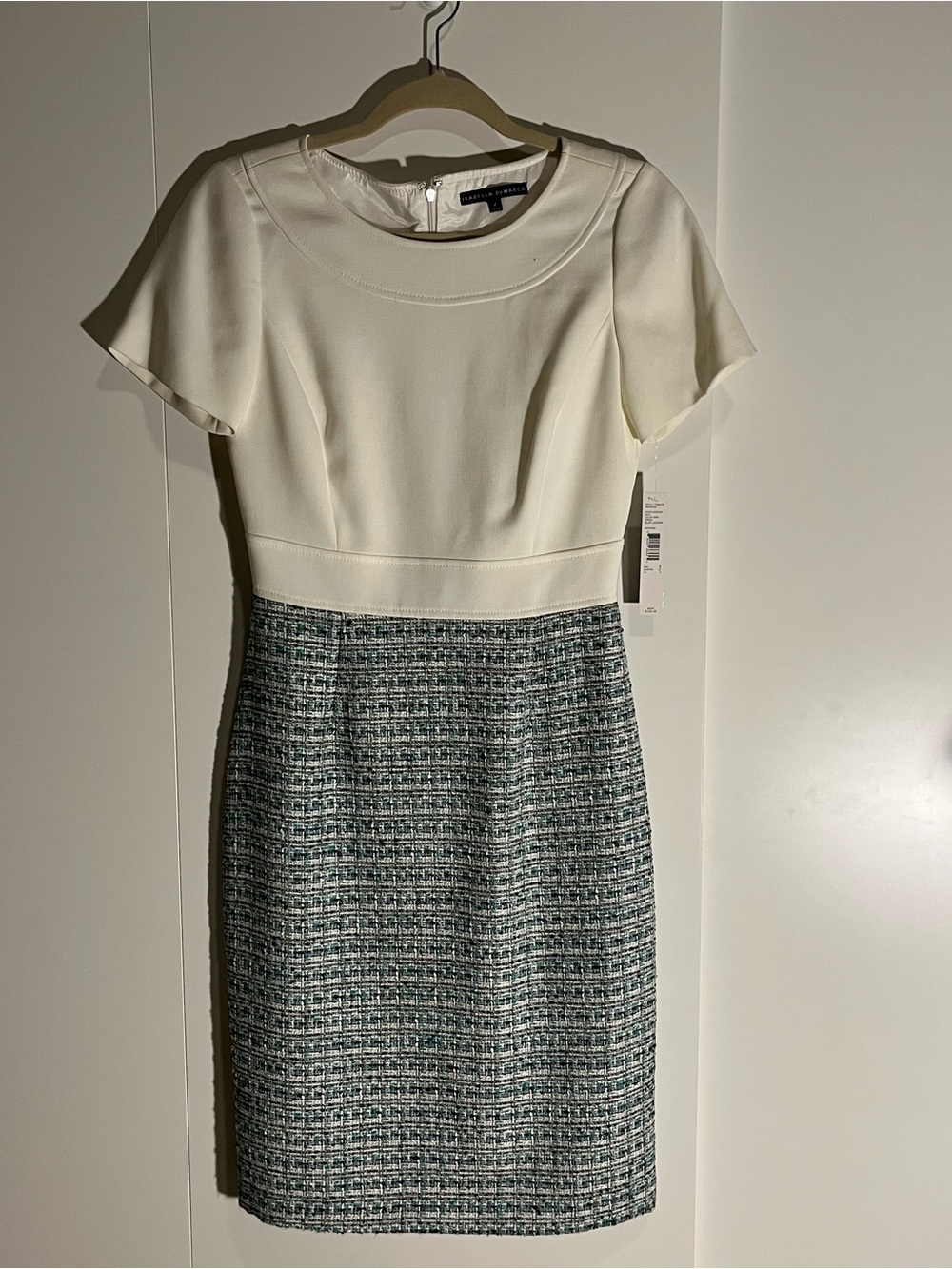 Cream Top with Green Tweed Pencil Dress - Elegant